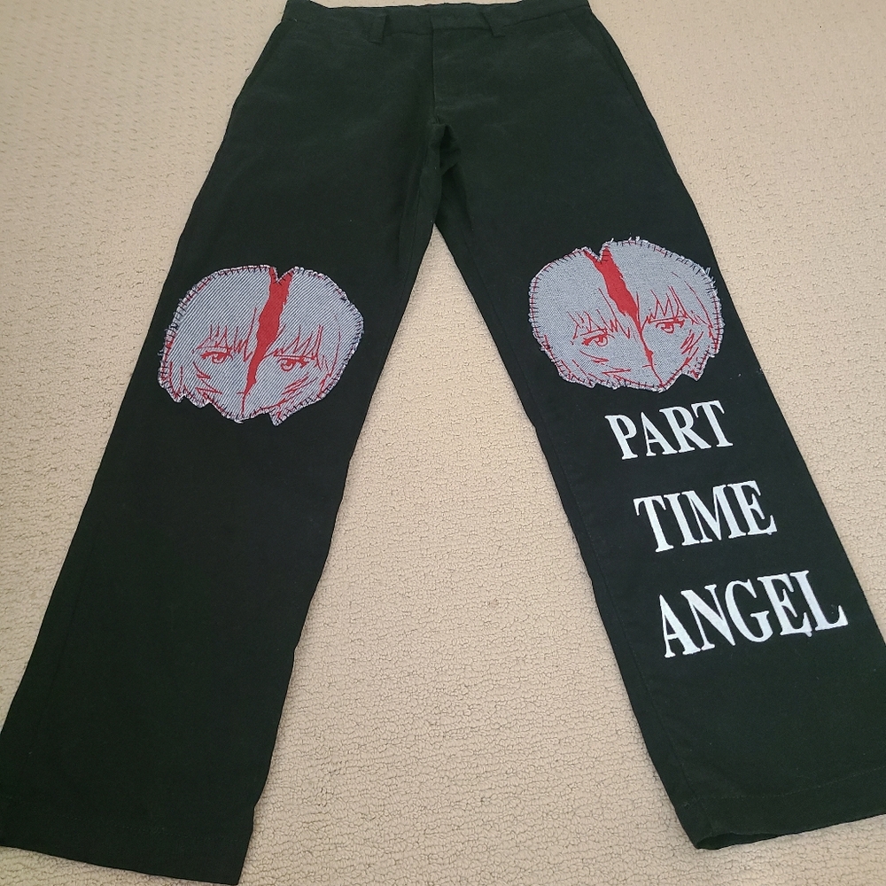 Anime StreetWear Pant Black Cotton Denim Knee Patches & "Part Time Angel" Words